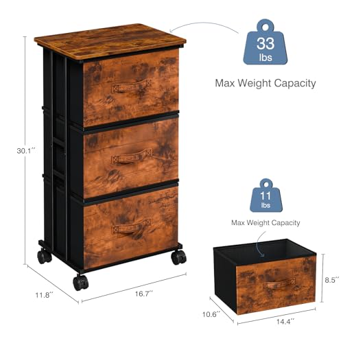 DUMOS 3 Drawers Dresser for Bedroom with Wheels, Fabric Storage Cabinet Organizer with Removable Fabric Bins, Sturdy Steel Frame for Living Room, Office, Entryway, Closets, Rust - color: Rust, size: 11.8"D x 16.7"W x 30.1"H (3 Drawers)