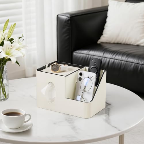 PU Leather Square Tissue Box Cover with Magnetic Closure, Tissue Holder with Storage Tray & Remote Control Organizer, for Nightstand, Living Room, Bathroom, Office Desk (White) - color: White