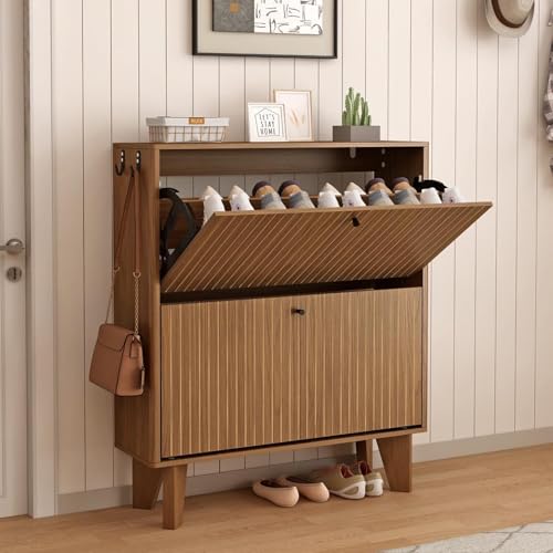 31.5" Shoe Cabinet Storage for Entryway with 2 Flip Drawers, Wood Fluted Narrow Shoe Cabinet for Hallway, Walnut - color: Fluted