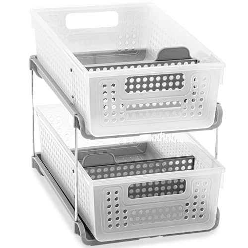 madesmart Premium 2 Tier Organizer, Under Cabinet Storage with Pull Out Sliding Drawers, for Cleaning Supplies, Undersink, Sponges, Bottles & Bath, Adjustable Dividers & Pull Out Baskets, Frost - size: 1-Pack
