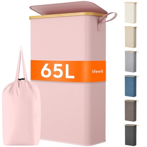 Lifewit 65L Slim Laundry Hamper with Lid, Narrow Laundry Basket with Removable Bag & Bamboo Handles, Fodable Thin Dirty Clothes Hamper for Laundry Collapsible Bin for Bathroom Bedroom Dorm, Pink - color: Pink, size: 65L