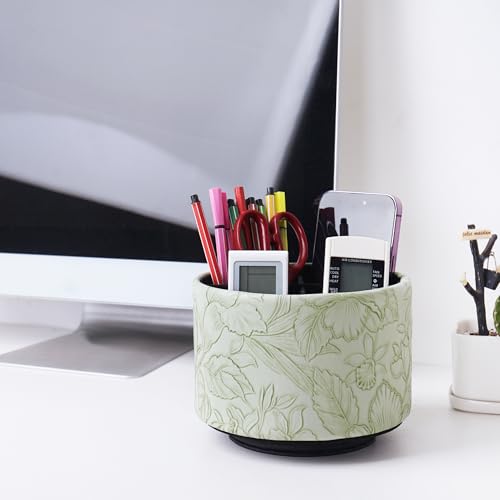 Hennaja Round Leather Art Supply Organizer,Remote Control Holder,360 Degree Spinning,Multi-Functional Pencil Holder,4 Compartments Desktop Stationary Organizer(1-Carved Green) - color: 1-Carved Green