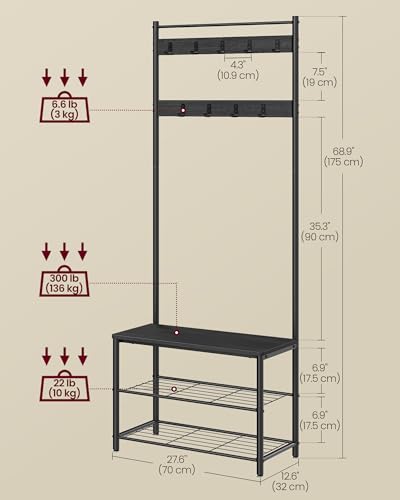VASAGLE Coat Rack, Hall Tree with Shoe Storage Bench, Entryway Bench with Shoe Storage, 3-in-1, Steel Frame, for Entryway, 12.6 x 27.6 x 68.9 Inches, Industrial, Charcoal Gray UHSR041B01 - color: Charcoal Gray, size: 27.6"W
