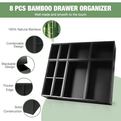 Bamboo Drawer Organizer Set, 8 PCS Black Multi-Use Drawer Storage Boxes, Junk Drawer Organizer Divider Bins for Bathroom, Kitchen, Office Desk, Makeup, Jewelry, Utensils - color: Black, size: 8PCS