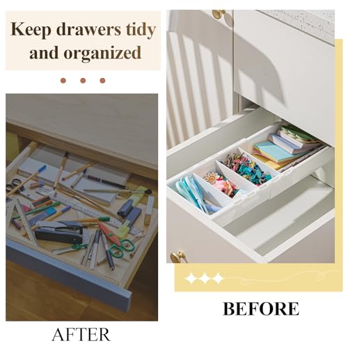 3 Pcs Expandable Drawer Organizer Bins Adjustable Deep Drawer Hanging Organizer Tray Expandable 11.4 to 18.1 Inches Plastic Dividers Storage for Office Bathroom Bedroom Kitchen Desk, White
