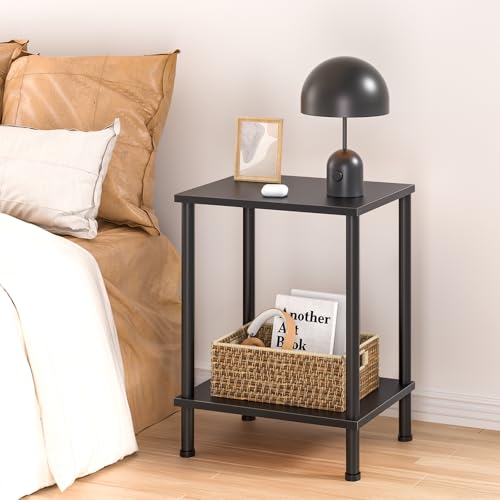 YUFAM End Table,Small Side Table,2-Tier Nightstand with Storage Shelf,Sofa Bedside Table for Small Spaces in Living Room,Bedroom, Office,Stable Frame,Easy Assembly,Black - color: Black, style: 2pcs No Plug