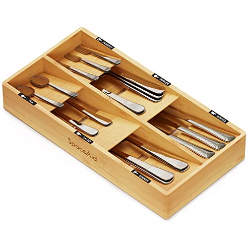 SpaceAid Bamboo Silverware Drawer Organizer with Labels, Kitchen Utensil Tray Holder Organizer for Flatware, Cutlery, Spoon and Knives Drawer Storage Organization (Natural, 6 Slots) - color: Natural