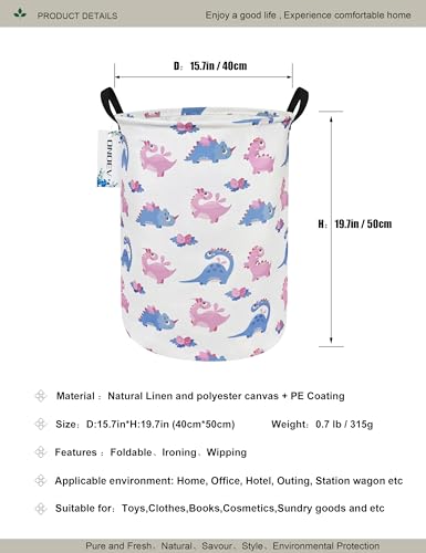 Round waterproof laundry basket,foldable storage basket,laundry Hampers with handle,gift basket,suitable for children's room and toy storage (Pink Dinosaur) - color: Pink Dinosaur