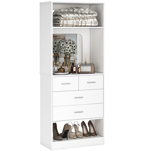Unikito 25" Closet System with Drawers, 2FT Freestanding Closets Organizer with Storage Shelves and Mirror, Sturdy Walk in Closet Tower for Bedroom, Mudroom and Entryway, 25" W x 16" D x 80" H, White