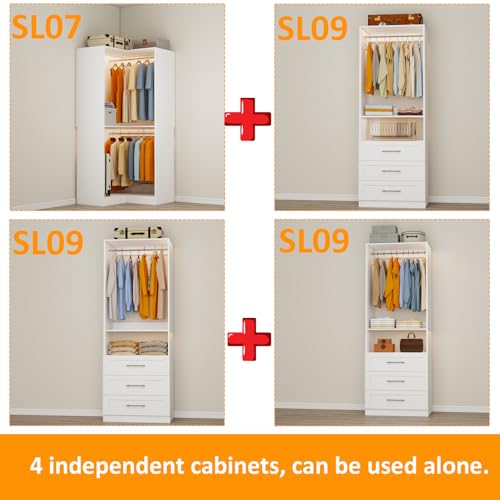 Closet System with 9 Wooden Drawers, 8.5-21.6FT Corner Closet Organizer System,Walk in Closet System with 9 Hanging Rods, Heavy Duty Modular Closet Systems Built-in Shelving System, 4 Sets - color: SL07090909