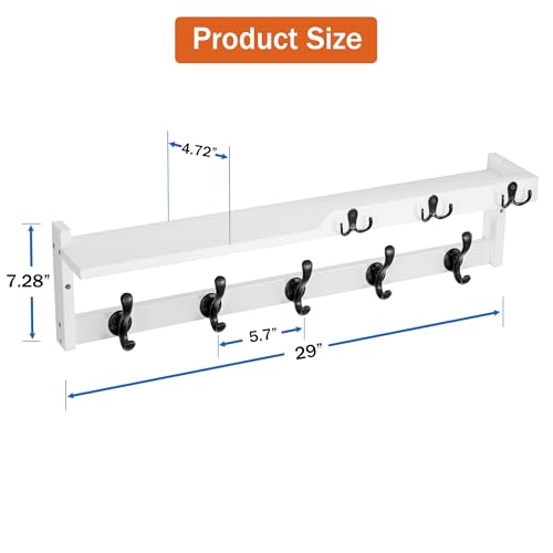 29'' Coat Rack Wall Mount with Shelf, Coat Hanger Wall Mount with Key Hooks and Mail Holder, Wood Entryway Floating Shelf with Hooks and Storage, Hat Rack for Wall Key Holder Mail Organizer - color: White, size: 29 Inch Long