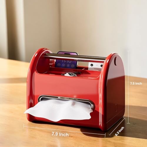 Tissue Box Cover Rectangular with Storage Tray, Multifunctional Facial Tissue Holder and Desk Organizer Napkin Holder - Phone Holder for Car Bathroom Office Living Room Bedroom - Red - color: Red