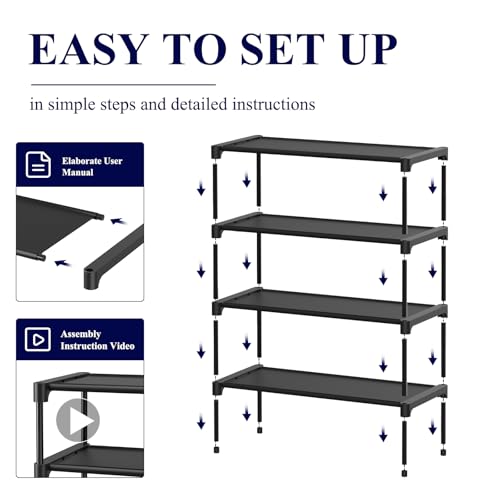 Kitsure Shoe Rack - Non-Woven Shoe Rack Shelf, Shoe Organizer for Closet, Entryway, Garage & Corridor, Stackable Shoe Shelves, X-Large, Black - color: Black, size: 27.5" Wide - 4 Tier