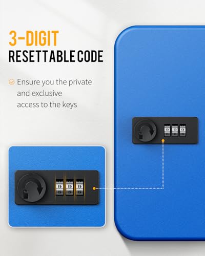 Uniclife 28 Keys Steel Key Cabinet with Resettable Code Blue Wall Mounted Key Organizer with Combination Lock Digital Security Box with Hooks and Large Key Tag Labels Identifiers in 5 Assorted Colors - color: Blue, size: 28 Keys