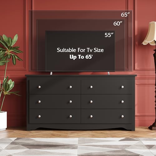 WLIVE Black Wooden Dresser for Bedroom, 6 Drawers Chest of Drawers, 59" Wide Modern Dresser Closet Storage Organizer for Living Room Hallway - color: Black, size: 6 Drawers