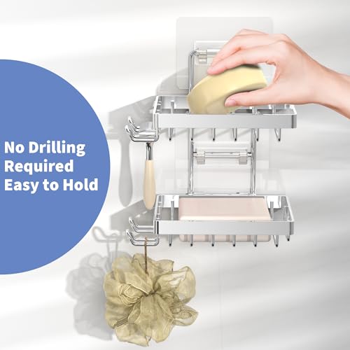 Moforoco Silver Double Soap Bar Holder for Shower, No Drilling Rustproof Stainless Steel, Wall Mounted Soap Holder with 4 Hooks and Razor Holder, Shower Rack Soap Tray Bar Soap for Bathroom & Kitchen - color: Silver, size: 2-T