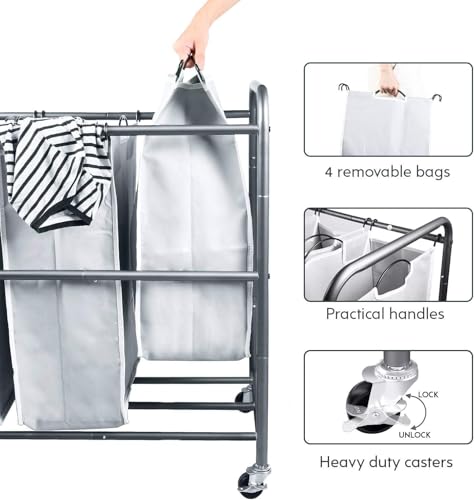 ROMOON Laundry Hamper Sorter Cart: 4-Section Organizer with Heavy-Duty Lockable Wheels and Removable Bags | 180L Rolling Laundry Basket for Dirty Clothes in Laundry Room or Small Spaces (Gray) - color: gray