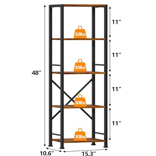 Furologee 5 Tier Tall Bookshelf, Rustic Narrow Bookcase, Display Standing Shelf Units, Metal and Wood Storage Shelves Organizer for Bedroom, Living Room, Home Office, Entryway, Kitchen, Rustic Brown - color: Rustic Brown, size: 5 Tier - 15.3"W