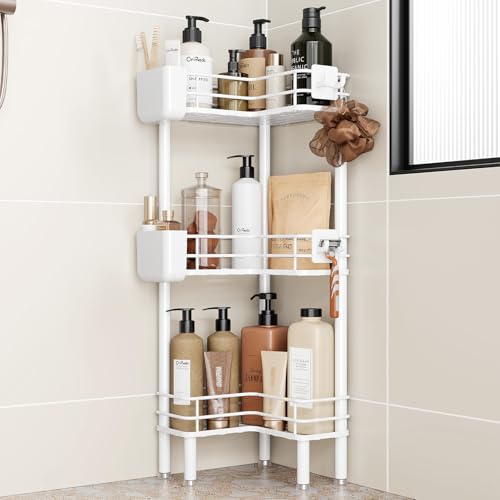 Orimade Rustproof 3 Tier Floor Standing Corner Shower Caddy Organizer with Toothbrush Holder, Large Spacing Floor Shower Shelf Rack Storage Stands with Hooks for Bathroom Kitchen, White - color: White, size: 3 Tier