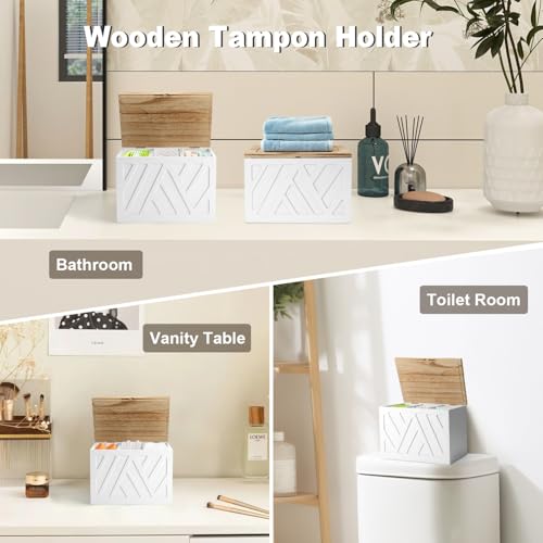 2Pcs Tampon Holder for Bathroom Decor, Feminine Product Organizer, Shark Week Tampon Storage with Lid, Wood Pad Box for Toilet, Lady Girl Stuff Organizer Case Bathroom Accessories- White - color: 2Pcs White