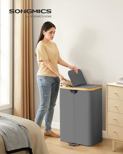 SONGMICS Laundry Hamper with Lids, Laundry Basket with 2 Compartments, 39 Gal. (150 L), Removable Liner Bag, for Laundry Room, Bedroom, Living Room, Slate Gray and Light Bamboo ULCB523G01 - color: Slate Gray, size: 150L (2-Section with Double Lid)