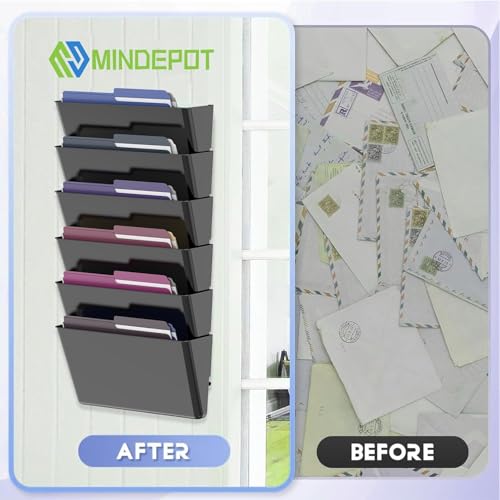 MINDEPOT 5 Pockets Acrylic Wall File Organizer, Clear Wall File Holder, Plastic Hanging Wall File Holder for Office, School and Home, Black - color: Black, size: 5Pack