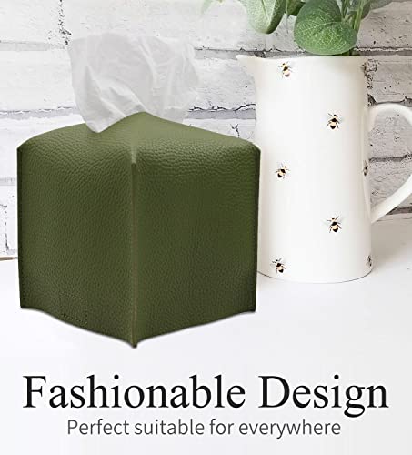 Livelab Tissue Box Cover, Square Decorative PU Leather Tissue Box Holder Modern Tissue Case Facial Paper Organizer Dispenser for Bathroom, Vanity Countertop, Night Stands, Desk 5X5X5'' | Olive Green - color: Olive Green
