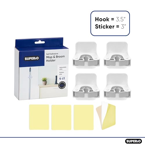 Superio Mop and Broom Holder, Set of 20 Single Piece Hooks, White Plastic Wall Mount Cleaning Storage Tool Organizer, Heavy-Duty Hook for Kitchen, Closet Garage, and Office - size: 20