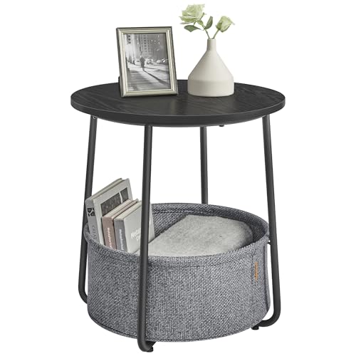 VASAGLE LILEA Collection - Small Round Side End Table, Modern Nightstand with Fabric Basket, Ebony Black and Slate Gray ULET223B01 - color: Ebony Black + Slate Gray, size: Round + 1 pack