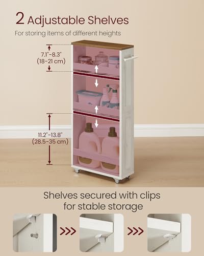 VASAGLE 4-Tier Slide-Out Storage Cart, Slim Kitchen Cart for Small Spaces, with Wheels, Handle, Bathroom, Laundry Room, 5.9 x 17 x 34.1 Inches, Rustic White and Honey Brown ULRC050K01 - color: Rustic White + Honey Brown, size: 5.9"D