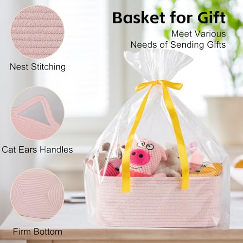 OIAHOMY Woven Basket, Gift Basket Empty with Gift Bags and Ribbons, Rope Baskets for Baby Showers, Storage Baskets with Handles for Nursery, Pet Toy Organizer - Mixed Pink - color: Mixed Pink, size: Medium: 13.5L*10W*6H