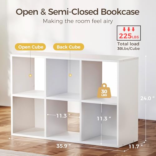 COMHOMA 6 Wood Cube Storage Organizer with Open Back and Removable Back Panels, 11In White Cube Storage Bookshelf, Cubicle Shelf Bookcase for Home Office Bedroom Living Room, Vertical or Horizontal - color: 6 Cube Cream