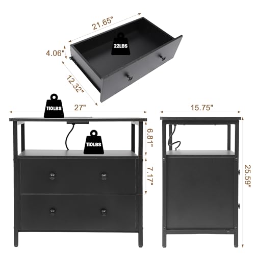 Edbuosy 27 inch Wide Night Stand Set 2 with Charging Station, Bedside Table with Open Shelf, 2 Drawers Small Wood Dresser, Modern Wood Nightstand for Bedroom/Living Room (Black) - color: 2 Pack, Black, size: 2 Drawers