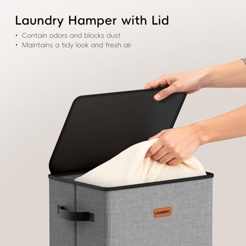 100L Laundry Hamper with Lid, Large Clothes Hampers with Removable Bag, Collapsible Laundry Basket for Bathroom, Bedroom, Laundry Room, Dorm, Grey - color: Grey, size: 100L - 1 Section