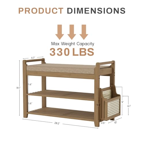 Homaxy 2-Tier Shoe Rack Bench with Side Holder, 28.2 in Bamboo Entryway Bench, Shoe Rack Organizer with Cushion for Front Entrance, Hallway Living Room Bedroom, Walnut and Light Brown - color: Walnut and Light Brown, size: 28.2 in