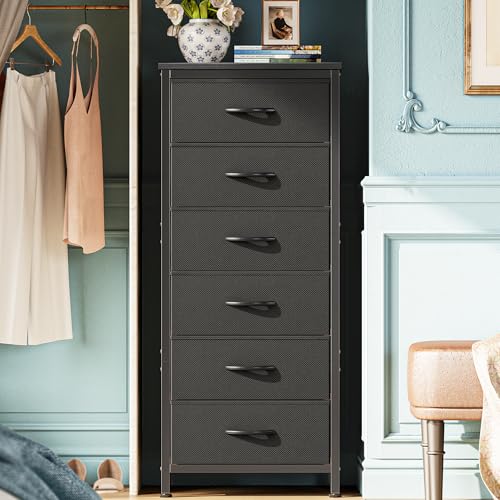 Huuger 43.3 Inch Tall Dresser for Bedroom, 6 Drawer Night Stand & Chests of Drawers, Fabric Dresser for Closet, Bedroom, Nightstand, End Table with Metal Frame, Storage Tower with Fabric Bins, Black - color: Black, size: 43.3inch(6 Drawers)