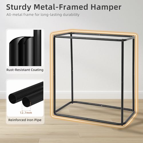 STORAGE MANIAC Double Laundry Hamper with Lid, 140L Tall Metal Frame Laundry Baskets with Removeable Bag, Large Clothes Hamper with PU Tag, Laundry Bin for Dorm, Collage, Bathroom, Bedroom, Gray - size: 2 Section