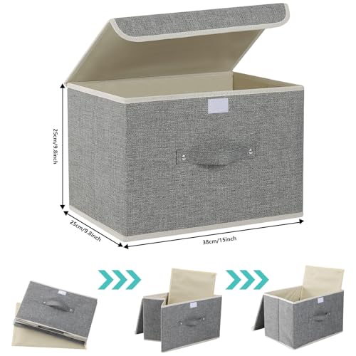 Storage Boxes, Collapsible Storage Bins with Lids, Cotton and linen cloth Storage Baskets with Handle, for Books, Closet, Bedroom, Home, 15x9.8x9.8 in, Grey - color: Grey, size: 15x9.8x9.8in(1-pack)