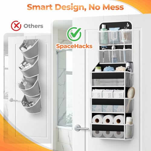 SpaceHacks 5-Tier Over the Door Organizer with Mesh Pockets, Baby Nursery Storage for Closet, Bathroom and Bedroom, Adjustable Hanging Closet Organizer for Cosmetics, Books and Essentials (Black) - color: Black, size: 5-Tier