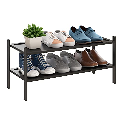 BMOSU 2-Tier Bamboo Shoe Rack Premium Stackable Shoe Shelf Storage Organizer for Hallway Closet Living Room Entryway Organizer(Black) - color: Black, size: 2-Tier（27*11*12.6inches）