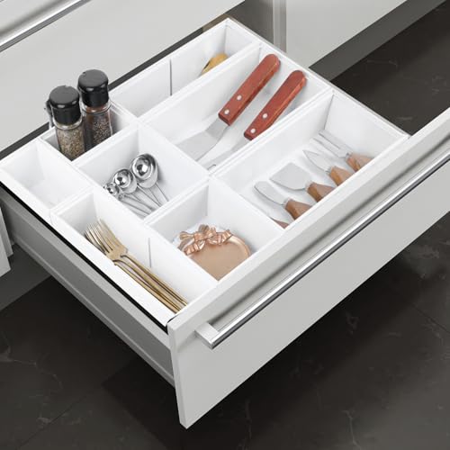 Bamboo Drawer Organizer Set, 8 PCS White Multi-Use Wood Drawer Storage Kitchen Boxes, Junk Drawer Organizer Divider Bins for Bathroom, Office Desk, Makeup, Jewelry, Utensils - color: White, size: 8PCS