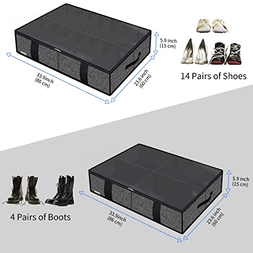 Onlyeasy 2 Pack Under Bed Shoes Storage Bag Organizer (14+4 Pairs), Collapsible Shoe Boot Container with Handles, Underbed Storage Solution for Kids & Adults, 86x60x15cm, Linen-like Black, MXAUBS14S4 - color: 1 Boots 1 Shoes (14+4 Cells) Linen-like Black