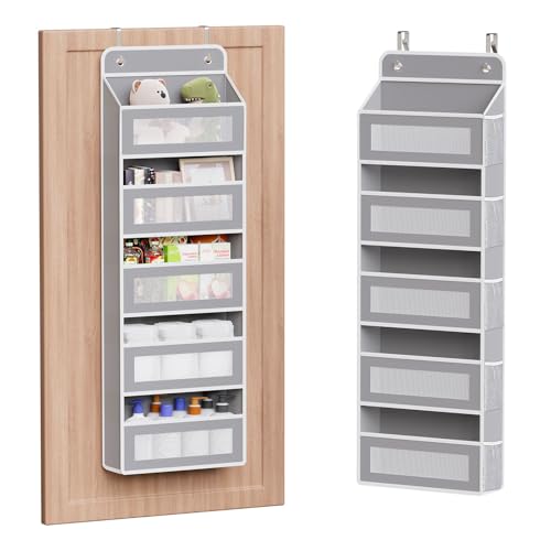 Simple Trending Over The Door Organizer, Hanging Shelves with 5 Large 5 Side Pockets, 44 lb Weight Behind Door Storage for Bedroom,Bathroom, Pantry, Nursery, Grey