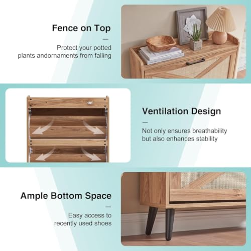 Barnyatoh Shoe Storage Cabinet, Boho Shoe Organizer with 2 Flip Drawers & Rattan Design,Farmhouse Freestanding Hidden Slim Narrow Shoe Rack Cabinet for Entryway, Foyer,Hallway, Natural - color: Natural, size: 2-Drawers