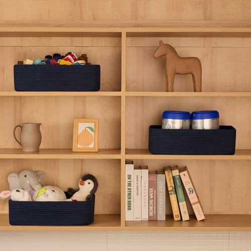 MiniArk Large Shallow Organizing Baskets 15x11x5.1 Inches - Rope Woven Storage Bins for Bathroom, Shelves, Cube Closet, Navy Blue 2 Packs - color: Navy Blue, size: 2pcs-L15×W11×H5.1"