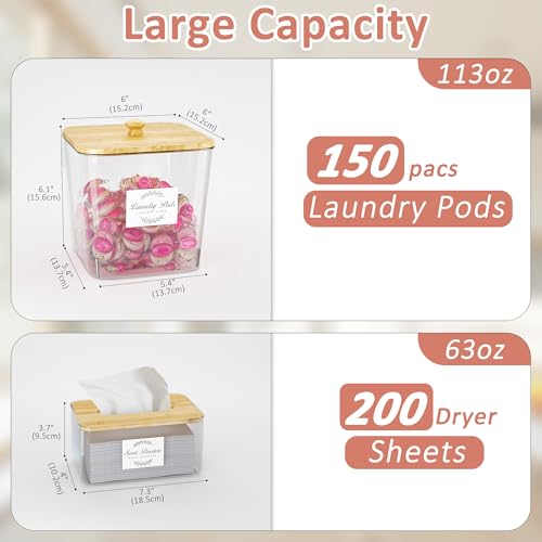 Vincona Laundry Room Organization and Storage, Laundry Pods Container and Dryer Sheet Holder with Bamboo Lids and Labels, Laundry Organizer with Scoops for Booster Beads, Powder, Pods, 3+1 Pack - size: 3+1 Pack