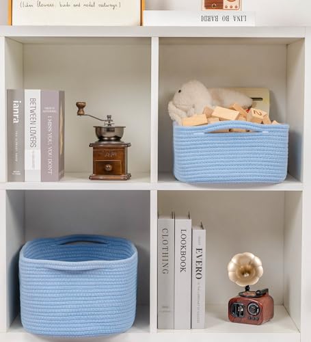 CubesLand Cute and Durable Small Cotton Rope Basket for Organizing, Woven Closet Storage Bin,Shelves Closet Storage Basket, Bathroom Storage Organizer Bin, Nursery Toy Basket Bin, Blue Basket - color: Blue, size: 14''x10''x5''