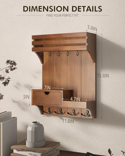 Rebee Vision Farmhouse Key Holder Wall Mount – Decorative Mail Organizer with 9 Key Hooks and Mini Drawer Organizer – Rustic Home Decor for Apartment Essentials (Brown) - color: Brown, style: Small Drawer