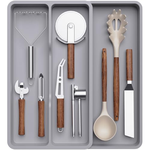 Lifewit Utensil Organizer for Kitchen Drawer, Expandable Cooking Silverware Tray, Adjustable Cutlery Flatware Holder, Plastic Spatula Tools Storage Divider, 14.4 x 15.8", Gray - color: Gray, size: 14.4*15.8*1.8 inch (3 Slots)