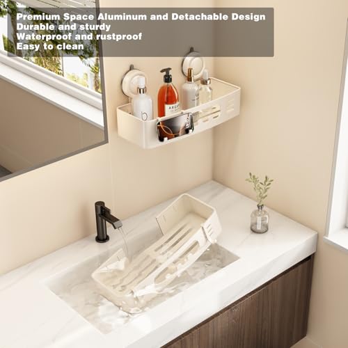 Voldra Shower Caddy Suction Cup, Shower Shelves for Inside Shower No Drilling, Aluminum Suction Showers Organizer for Wall with Towel Bar & Hooks Removable Bathroom Storage Rack (2 Pack-Cream White) - color: Cream White-Rectangle, size: 2 Pack